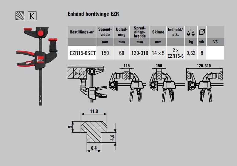 Bessey profilskinne tvinge 2 stk 150mm