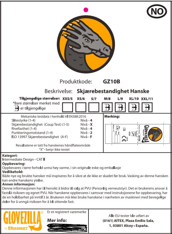Glovezilla hanske str 10 XL skjærebestandig