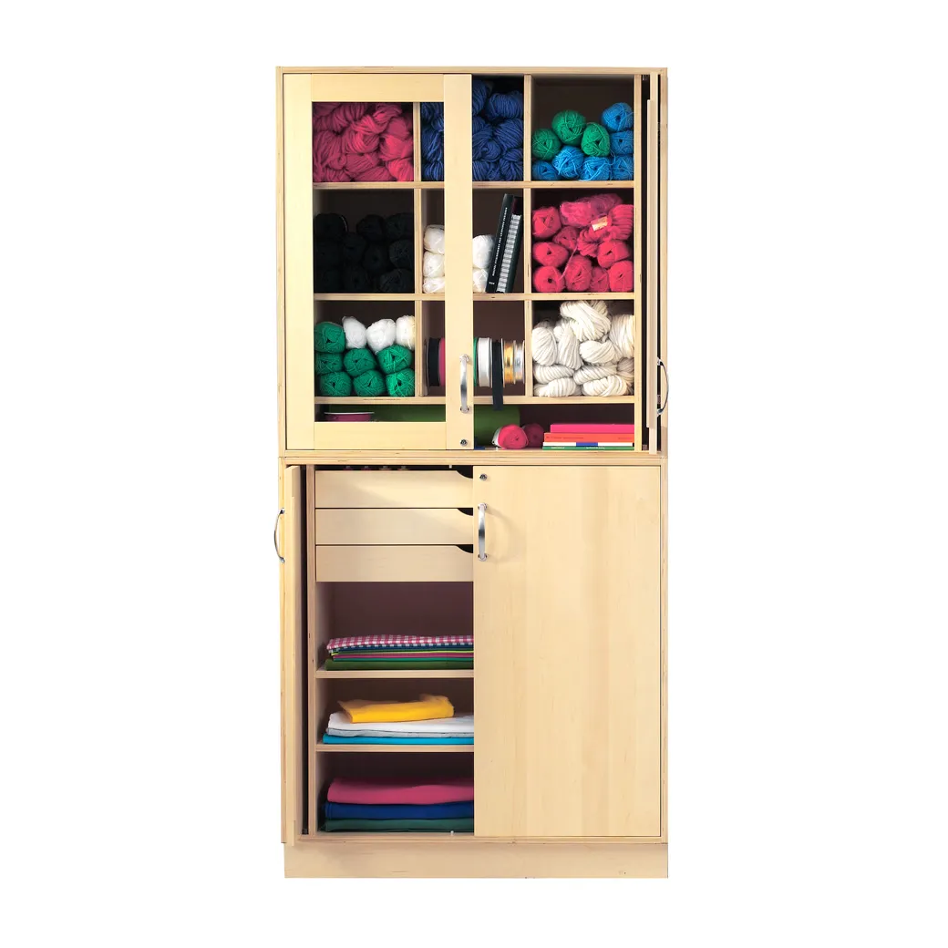 Sjøbergs Skap 1, 2 hyller / 4 skuffer, med tekstilinnredning, glass/bjørk