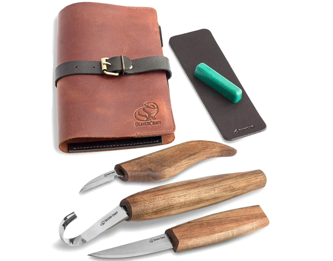 Beavercraft skjeknivsett 3 stk m/tilbehør i skinnfutteral S13X