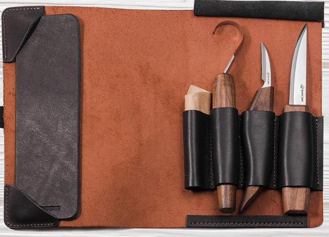 Beavercraft skjeknivsett 3 stk m/tilbehør i skinnfutteral S13X