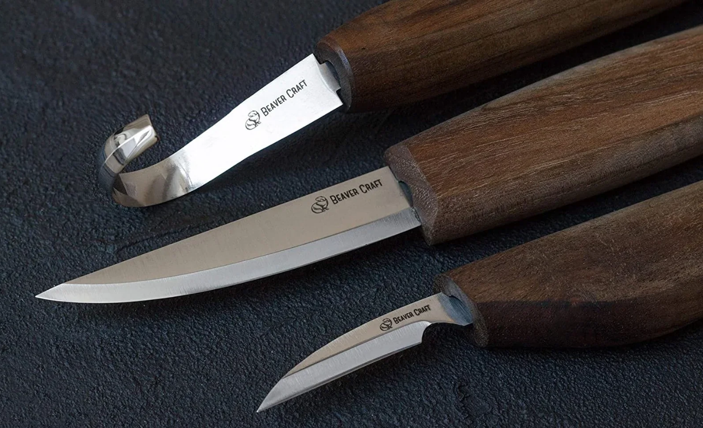 Beavercraft skjeknivsett 3 stk m/tilbehør i skinnfutteral S13X