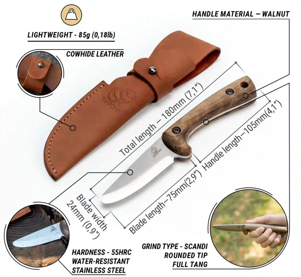 Beavercraft barnekniv m/rund tupp og slire - Bushcraft serie